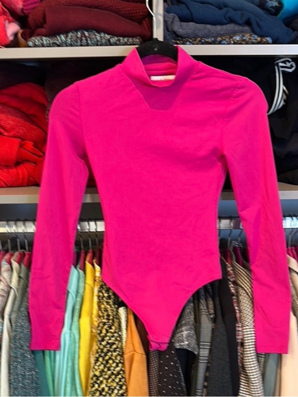 Babaton Bright Pink Ribbed Mock Neck Bodysuit